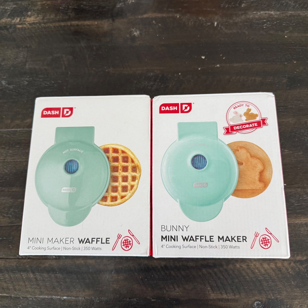 Dash Mini Waffle Maker Set of 2 Aqua Mint Classic, Bunny Rabbit 4 Inch Non-Stick